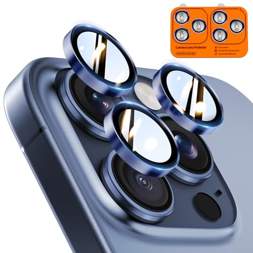 TOCOL Protection Caméra pour iPhone 15 Pro Max, iPhone 15 Pro, Bleu | Lot de 2, Résistant aux Rayures, Antichoc, Dureté 9H, Anti-Buée, Anti-Reflet, Installation Facile, HD Protections d'Objectif