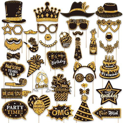 Fotobox Accessoires,38 Stücke Party Foto Requisiten Für Geburtstag Und Hochzeit, Lustige Fotobox Accessoires Mit Schwarz-Gold Design, Ideal Für Fotoboxs Hochzeit, Karneval,Weihnachten,Silvester Party