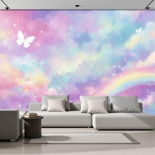 Seide Fototapete Kinderzimmer 450x356cm - Verträumte Illustrationen für Kinder Mädchen & Jungen - Kindertapete - Wolken, Regenbögen, Schmetterlinge - Rosa