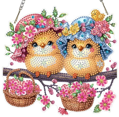 MOTGOM Diamond Painting Anhänger Blumen und Huhn, Sonnenfänger Diamond Painting Fensterbilder, Hängendes Ornament Bastelset für Wand und Eingang Dekor 20x20cm