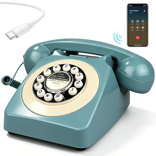 Teléfono Fijo Bluetooth Retro con Auricular, Teléfono de Escritorio Giratorio Antiguo Recargable por USB Compatible con Móviles para Hogar, Oficina y Dormitorio (A6)