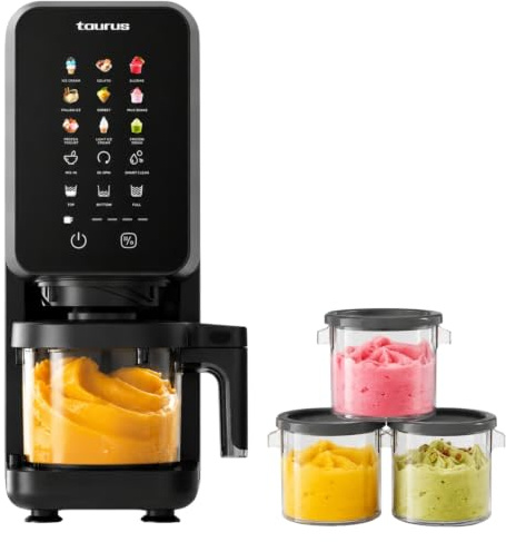 Taurus Gelato Flow Heladera Eléctrica con 12 Programas y 3 Tarrinas | Convierte ingredientes naturales en helados cremosos, sorbetes y postres helados para disfrutar en cualquier momento.