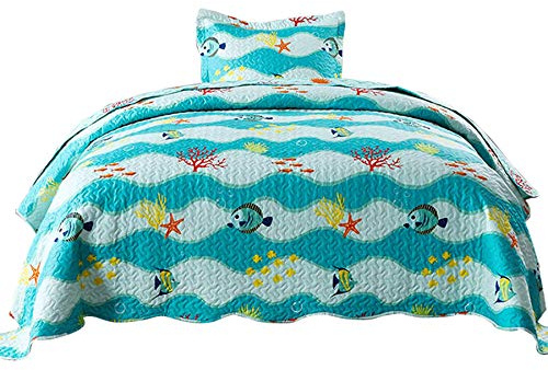 TT LINENS 2 Piece Kids Quilt Set Lightweight Bedspread Decoration Throw Blanket Teens Boys Girls Bed Printed Beach Sea Sea Life Bedding Coverlet Comforter Set/ 277 Fish Quilt (Twin)
