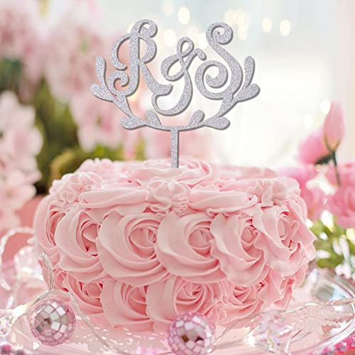 Personalised Mr & Mrs R&S Initials Wedding Cake Toppers Letters Monogram Glitter Silver Floral Botanical For Wedding Anniversary Cake Decorations Bridal Shower Gifts For Couples