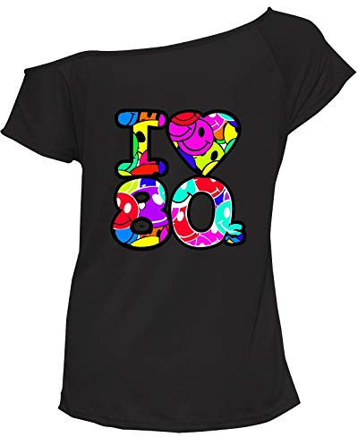 Ladies Slash Neck I Love The 80s T Shirt Off Shoulder Lightweight Style Top Women’s Pop Festival Cap Sleeve Disco Style Pattern Retro Basic Shirt UK 8-26