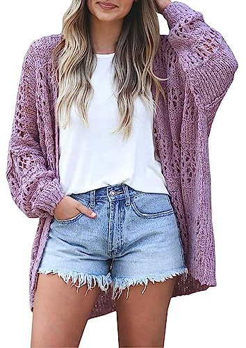 Gothden Cárdigan de ganchillo para mujer, kimonos, bohemio, color sólido, de gran tamaño, para verano, frente abierto, suéter para exteriores, Morado (, S
