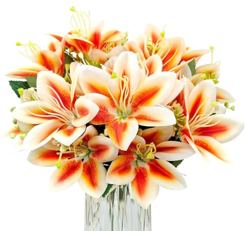 FOUSUKA 4 Bundles Artificial Tiger Lily Silk Flowers Faux Fake Lilies Plants for Wedding Bouquet Home Party Indoor Table Hotel Office Vases Floral Arrangements Outdoor Garden Decor (Orange)