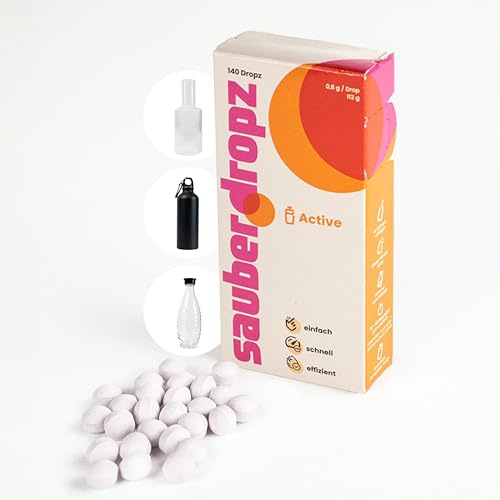 Sauberdropz Active – Trinkflaschen-Reinigungstabs, 140 Drops, MADE IN AUSTRIA – für Sportflaschen, Thermosflaschen und Wasserflaschen aus Edelstahl, Aluminium & Glas, einfache Reinigung in 40 Sekunden