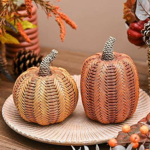 Valery Madelyn Thanksgiving Fall Decorations for Home, Fall Pumpkin Decor, 2pcs Resin Pumpkin Decorations Indoor, Pumpkins for Decorating, Autumn Table Decor, 5 inch
