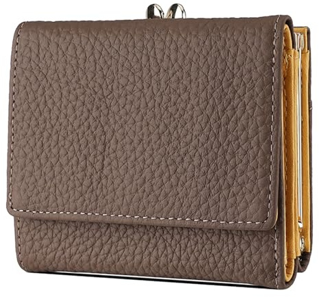 Karoukee Mini Cartera Trifold para Mujer, Portatarjetas con Bloqueo RFID, Monedero Compacto de Cuero Genuino con 8 Ranuras para Tarjetas y Bolsillo con Cierre de Beso - Café