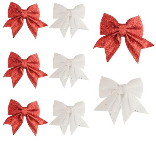 Lot de 8 nœuds de Noël - 14 cm - Mini nœuds décoratifs de Noël - Petits nœuds à paillettes pour sapin de Noël - Nœuds cadeaux pour la décoration de Noël guirlande maison (blanc, rouge)