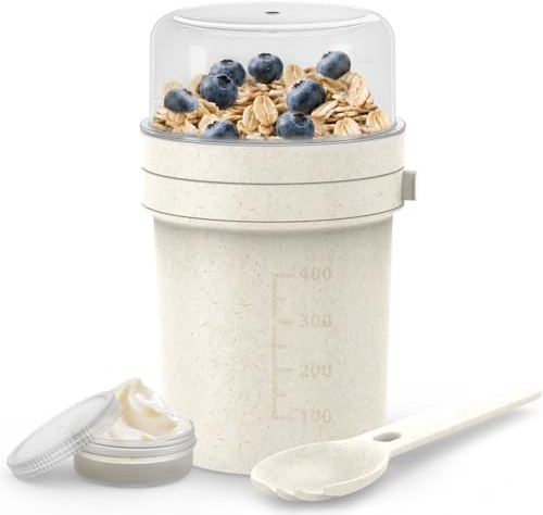 MRUN BONE Vaso de cereales para llevar con cuchara tenedor, vaso de yogur a prueba de fugas, taza de cereales para viajes, trabajo, escuela, picnic, 450 ml+250 ml, (blanco avena)