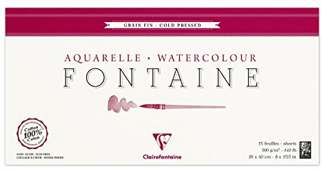Clairefontaine 96437C Malblock, 4-seitig verleimt Aquarellpapier Feinkörnig, Fontaine/Hadern, 20 x 40 cm, Panorama-Format, 15 Blatt, 300 g Packung, weiß