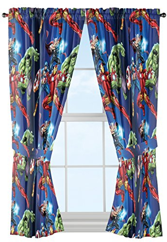 Jay Franco Kids Window Drapes - 4 Piece Curtain Set Includes 2 Tiebacks, Beautiful Bedding Room Décor and Easy Set Up, Blue - Avengers, 63 Inch