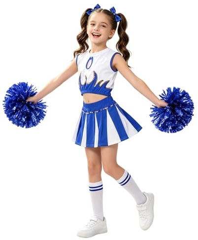 LOLANTA Mädchen Cheerleader Kostüm Schulkind Cheer Kostüm Outfit Karneval Kostüm(blau,134-140,Etikettengröße 140)