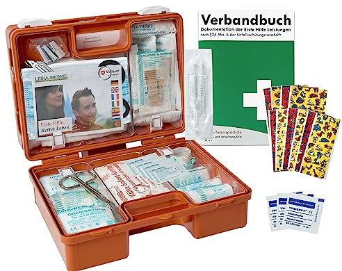 Erste-Hilfe-Koffer KITA INKL. 90° ARRETIERUNG nach aktueller DIN 13157 für Betriebe INKL. DIN 13164 für KFZ - mit Verbandbuch & bunten Kinderpflastern mit süßen Farmtieren