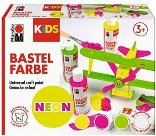 Marabu 0304000000002 - KiDS Bastelfarbe NEON, 4er-Set, 3 x fluoreszierende Tagesleuchtfarben und 1 x Bastelfarbe Weiß als Grundierung, leuchtet unter UV-Licht, auswaschbar ab 30°C, parabenfrei, vegan