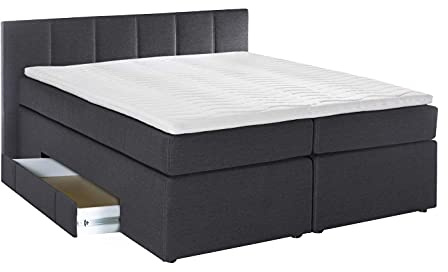 Furniture for Friends Doluna Boxspringbett Valina 180x200cm Anthrazit H3 Kopfteilhöhe 90 cm ideal für Dachschrägen + Bettkasten für Stauraum, 7-Zonen Taschenfederkern-Matratze inkl. Visko-Topper