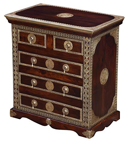 Commode Orientale Malek Marron en Bois Massif Sheesham 75 x 45 x 80 cm avec de Fines incrustations en Laiton - Produit Artisanal MA80-140
