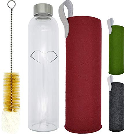EventHeart, Glasflasche 750ml aus Borosilikat-Glas mit Edelstahldeckel und Schutzhülle, Trinkflasche 0,75l mit Filzhülle und Reinigungsbürste (rot)