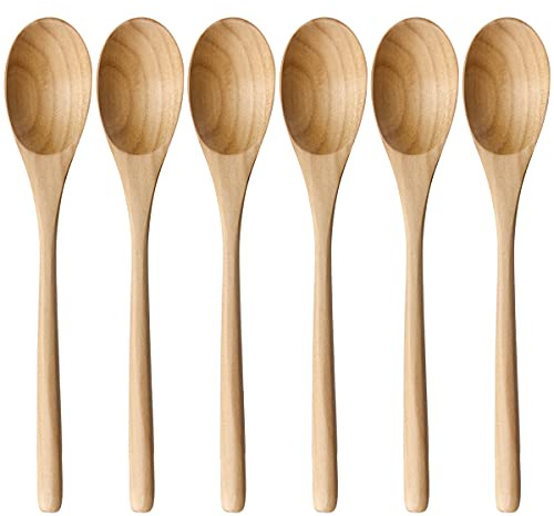 AOOSY Wooden Spoons for Cooking, 9 Inches 6 Pieces Japanese Natural Ellipse Wooden Spoon Set for Cooking Mixing Stirring Honey Tea Soda Dessert Coconut Bowl Nonstick Pots Kitchen