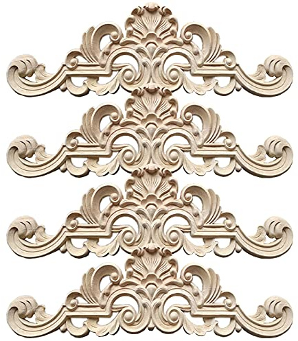 4 Stück Appliques Schnitzerei Ornament, Holzornamente für Möbel Vintage, Deko Geschnitztes Holz, Holzornamente für Möbel, für Wände, Möbel, Kleiderschränke, Fenster