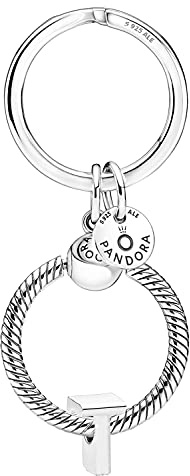 Pandora Schlüsselring mit Buchstaben-Anhänger T Geschenkset aus Taschenanhänger und Silbercharm, modisches Accessoire aus Sterlingsilber, 51525-T