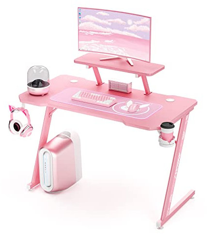 Intimate WM Heart Gaming Tisch 110cm, Ergonomischer Computertisch, Schreibtisch mit Tischplatte aus Kohlefaser, Drehbarer Headsethalter, Griffhalter und Getränkehalter, Rosa
