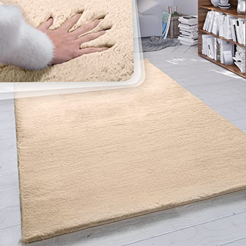 Paco Home Hochflor Teppich Wohnzimmer Schlafzimmer Shaggy Modern Flauschiger Fellteppich Weich Fell Imitat Kunstfell Einfarbig, Grösse:120x160 cm, Farbe:Sand