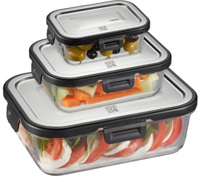 GEFU 3er Set Glas-Frischhaltedosen MILO - Vorratsdosen mit Edelstahldeckel | Luftdichte Aufbewahrungsbox aus Borosilikatglas - Ideal für Meal Prep, Mikrowelle und Gefrierschrank - QR-Code zur Kontrolle