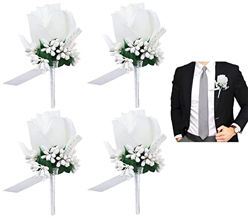 Pro-Noke Wedding Boutonniere Handmade Rose Corsage Buttonhole Flowers Artificial Wedding Prom Banquet with Pin and Clip (4pcs, White)