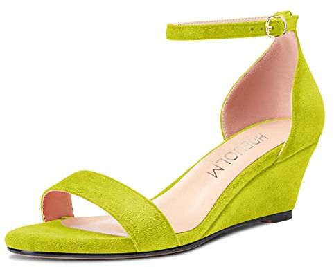 HDEUOLM Mujer Medio Heel cuña Esparto Correa Tobillo Sandalias Abierta Punta Clear Dress 5 CM Heels Zapatos Verde Lima Ante 37 EU