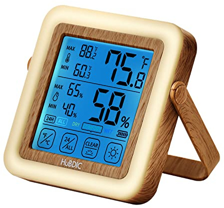 HuBDIC Digital Hygrometer Indoor Thermometer with Humidity Monitor, Room Temperature & Humidity Gauge for Home, Baby Room, Bedroom, Office, Greenhouse, Cellar, with Portable Night Light (Light Wood)