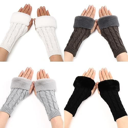TAGVO 4 Paar Damen Fingerlose Handschuhe, Warme Halb Fingerlose Strickhandschuhe für Alltagskleidung, Winter Armstulpen Handschuhe Fingerlos Warm Plüsch Gestrickte Kurze Fäustlinge für Damen Mädchen