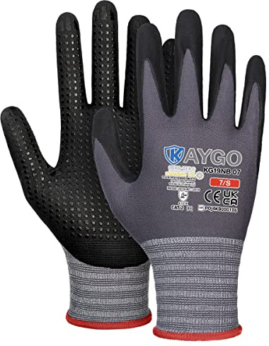 KAYGO guanti da lavoro MicroFoam Nitrile rivestito con punti di presa sul palmo per antiscivolo 12 paia, KG19N, ideale per uso generale lavoro, automobilistico, magazzino (Grigio, S, taglia 7)