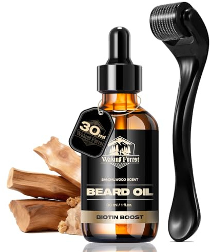 Waking Forest Derma Roller 0.25mm & Beard Oil(1oz), Sandalwood Beard Kit, Microneedle Beard Roller with 540 Titanium, Natural Moisturize with Vitamin E Beard Oil for Men, Fathers Boyfriend Dad