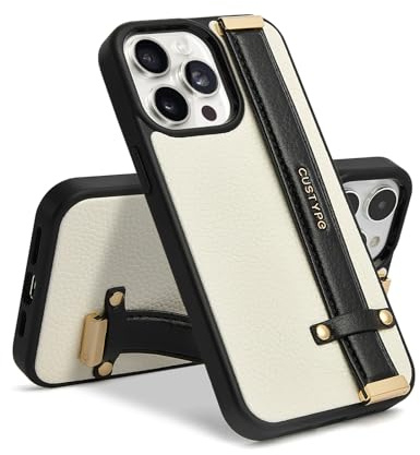CUSTYPE Compatible with iPhone 14 Pro Case with Adjustable Wristband Strap Kickstand,handstrap Grip Loop Strap Leather Case,Shockproof Protection Holder Cover for iPhone 14 Pro 6.1-Black&White | PU Leather, Finger Strap Grip Handle Loop,Shockproof TPU Shell,Cute Slim Protective Cover for Women Girls-Black&White