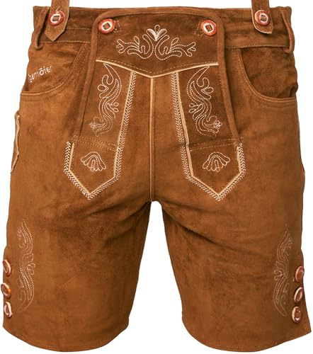STEIGENHÖFER Lederhose Herren kurz - Trachtenlederhose Anton mit Trägern - 100% Rindsleder Trachtenhose - Original bayerische Echtlederhose für Oktoberfest & Volksfest