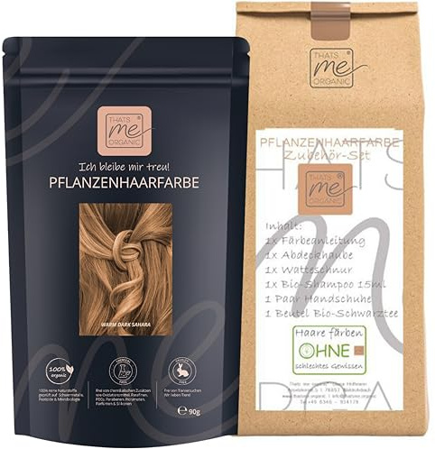 Thats me Organic® Profi Pflanzenhaarfarbe + Zubehörset (warm dark sahara blond) – Bio Haarfarbe ohne Chemie – Haarfarbe für gesundes Haarefärben auch während Schwangerschaft und Stillzeit