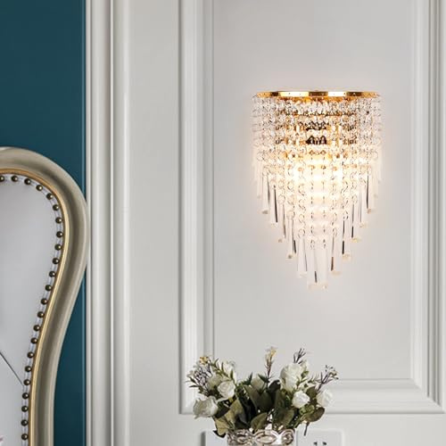 KRIPINC Funkelnde Vintage Gold Kristall Wandleuchte für Schlafzimmer Flur | E14 Kristall Wandlampe für Wohnzimmer Nachttisch, Wandbeleuchtung Art Deco mit Kristallbehang-Lampenschirm, Ohne Leuchtmittel