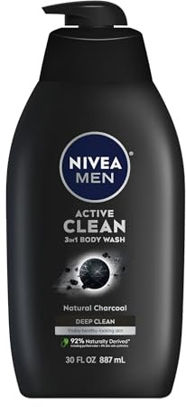 NIVEA Men Active Clean Body Wash with Natural Charcoal for Normal to Oily Skin, 3-in-1 Charcoal Body Wash, Face and Hair, Draws Out Dirt and Impurities, 30 Fl Oz Bottle