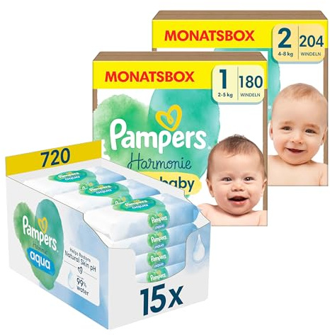 Pampers Harmonie Aqua Baby Wipes Set mit Windeln Größe 1 (2-5kg, 180 Stück) + Größe 2 (4-8kg, 204 Stück) MONATSBOX, und Aqua Baby Feuchttücher, 720 Tücher (15 x 48), Baby Erstausstattung