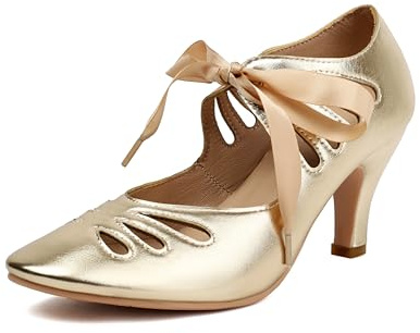 elerhythm Mary Jane Chaussures à lacets pour femme - Bout rond - Vintage des années 1950 - Gatsby - Style rétro des années 1920 - Escarpins victoriens, or, 39 EU