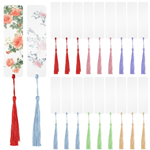 SYEYCW 60 Stück Acryl Lesezeichen Set, 30 Stück 12 x 3.2cm Transparente Blanko Bookmark mit 30 Stück Bunten Quasten, Rechteckige DIY Basteln Lesezeichen, für Dekorative Lesezeichen, Geschenkanhänger