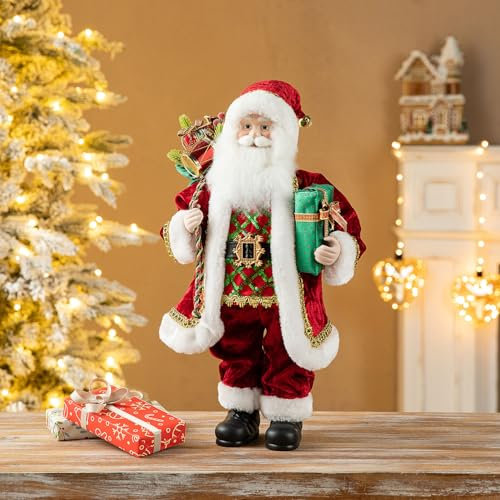 Glitzhome Handmade Christmas Traditional Santa Figurine, 18 H Faux Fur Santa Claus with Porcelain Face Christmas Holiday Home Decorations and Collectibles