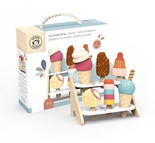 Speedy Monkey Wooden Ice Cream Shop Playset with 6 Ice Creams, Toddler Gift | Includes 6 ice creams, sturdy stand and accessories, easy to clean toy food, FSC certified wooden kitchen toy