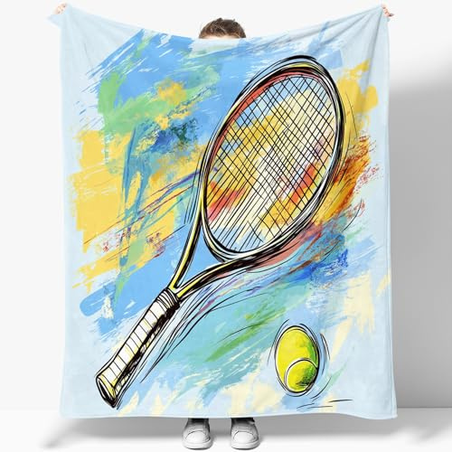 Generico Coperta Plaid Pile Stile Doodle Tennis Racchetta Da Tennis Coperta da Letto in Flanella 150 x 200 cm Coperta Pile Morbida, Leggera, Soffice, Accogliente e Lussuosa Coperta in Microfibra