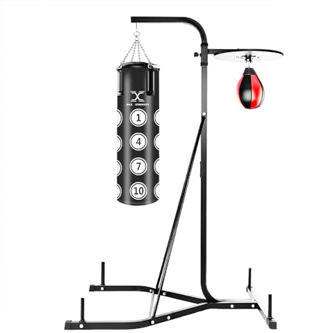 Max Strength 2 Way Heavy Punch Bag Frame & Speed Ball Stand Dual Freestanding Frame Station 6'2 high and 4' filled Punching bag with Speedball Platform set in black