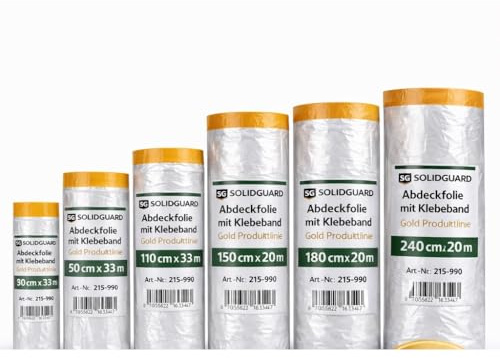 Abdeckfolie mit Klebeband (6 Rollen 30,55,110,150,180,240cm) Innen und Außen | malerfolie zum Fenster abkleben | Klebeband mit Folie | SOLIDGUARD Selbstklebende Malerfolie mit Klebeband