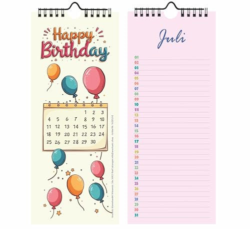 Geburtstagskalender Pastell Streifenkalender – Immerwährend – Praktische Ringbindung – 29,7 x 12cm – Ideal für Geburtstage